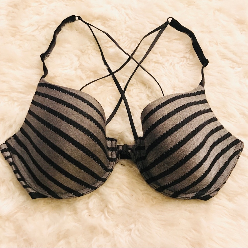 Victoria’s Secret Gray & Black Striped Uplift Semi Demi Strappy Bra Size 32D